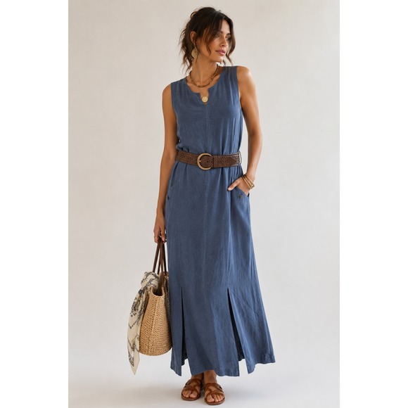 REI Dresses & Skirts - REI Blue Rayon Linen Blend Sleeveless Maxi Dress L Pockets Travel Resort Casual